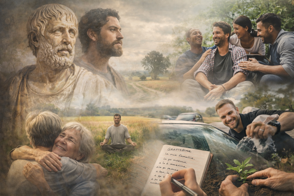 Collage reportage ispirato a Seneca tra passato e presente, Impara a gioire adesso, meditazione e relazioni autentiche