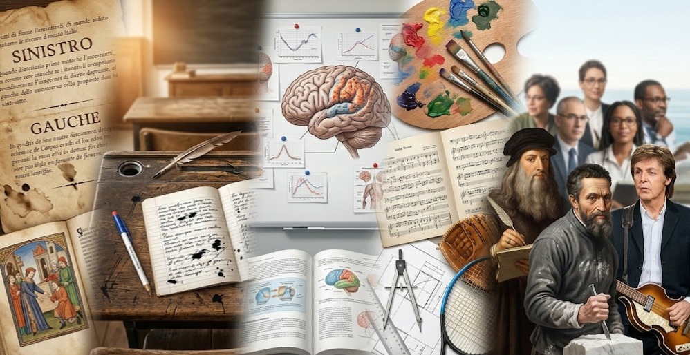 La rivincita della mano sinistra: collage storico dai pregiudizi del passato alla genialità di Leonardo e Paul McCartney.