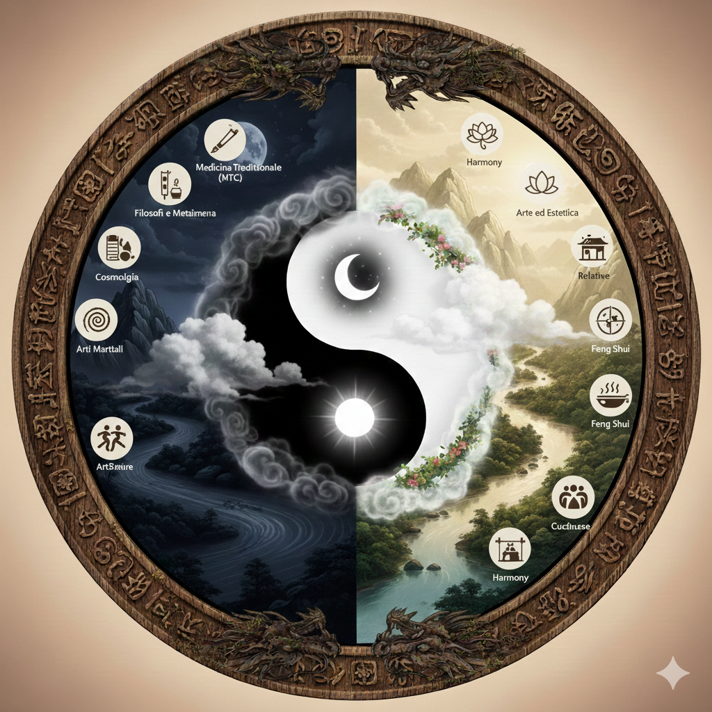 Yin e Yang equilibrio tra gli opposti. Rappresenta.         Yin e Yang in Azione:
applicazioni e accezioni trasversali. Associatoa Medicina Tradizionale Cinese (MTC) - Filosofia e Metafisica - Cosmologia - Arte ed Estetica - Arti Marziali Feng Shui - Cucina Cinese - Relazioni Umane e Sociali.