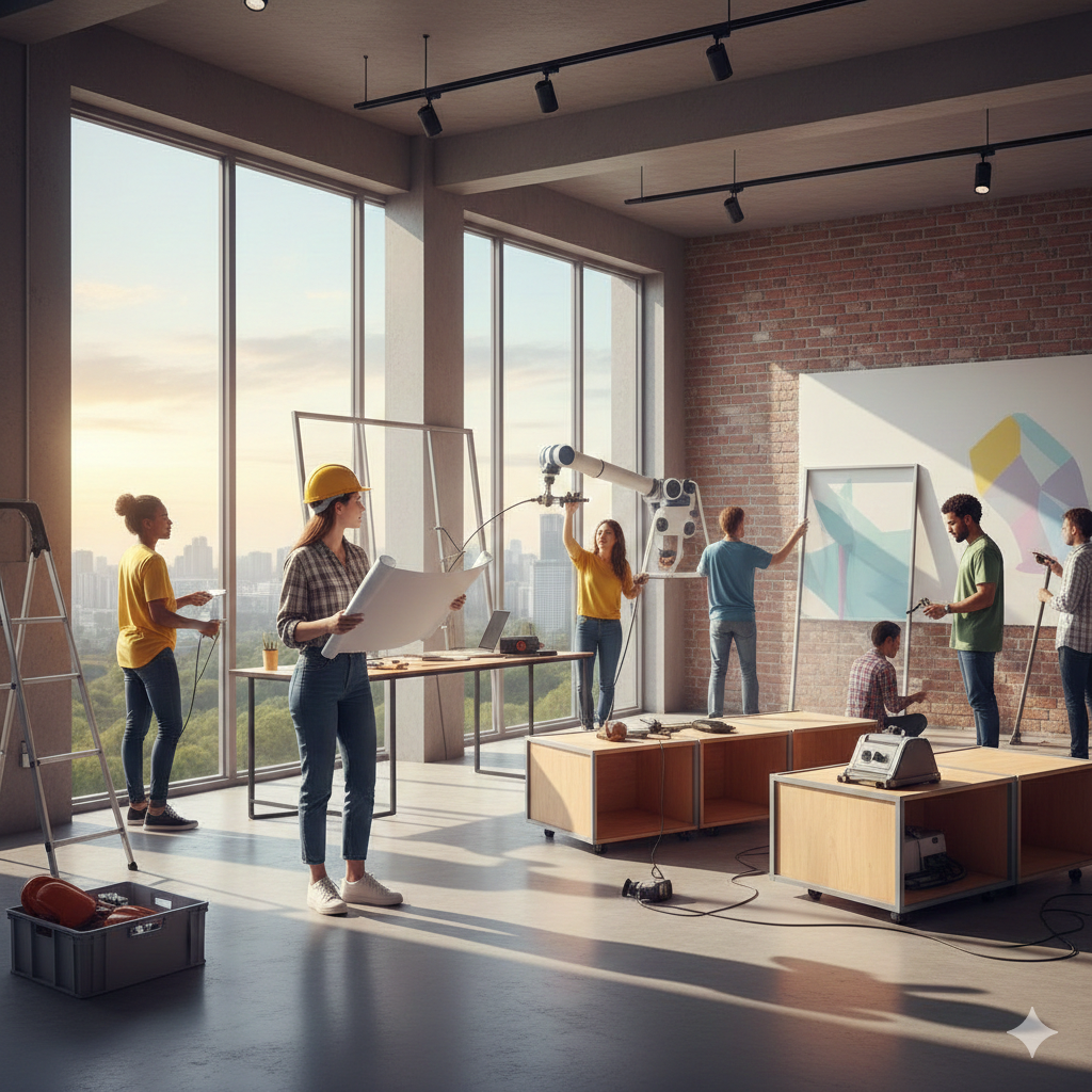 Lavoro non lo trovi? Creiamolo insieme! Rappresenta persone che stano creando idee di lavoro.