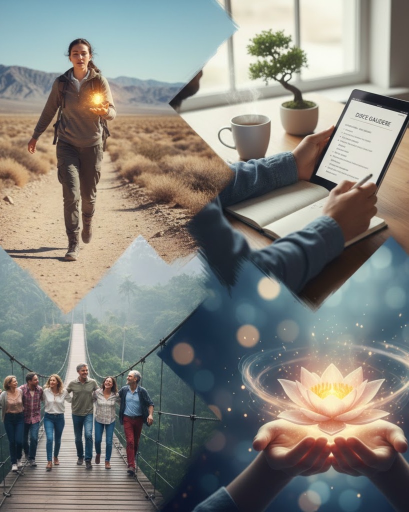 Collage motivazionale: donna nel deserto con luce tra le mani, lettura di Disce Gaudere, amici su ponte e fiore luminoso, impara a gioire adesso