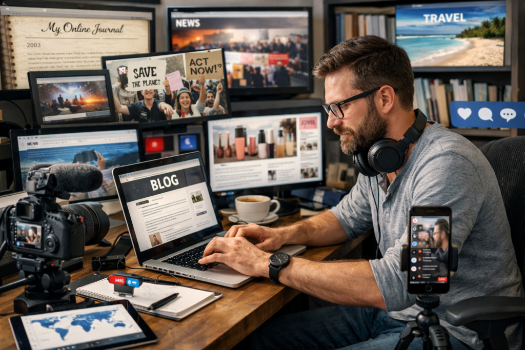 Blogger immerso nel suo workspace moderno, tra laptop, smartphone e note, crea contenuti e interagisce con il mondo digitale globale.