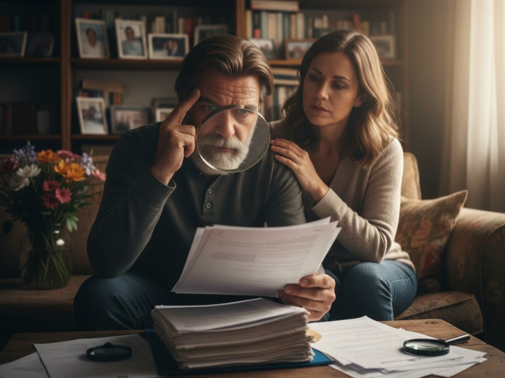 Uomo legge con lente, donna lo conforta. Un aiuto per il sorriso oltre l'oscurità e la forza di un'amicizia che resiste.
