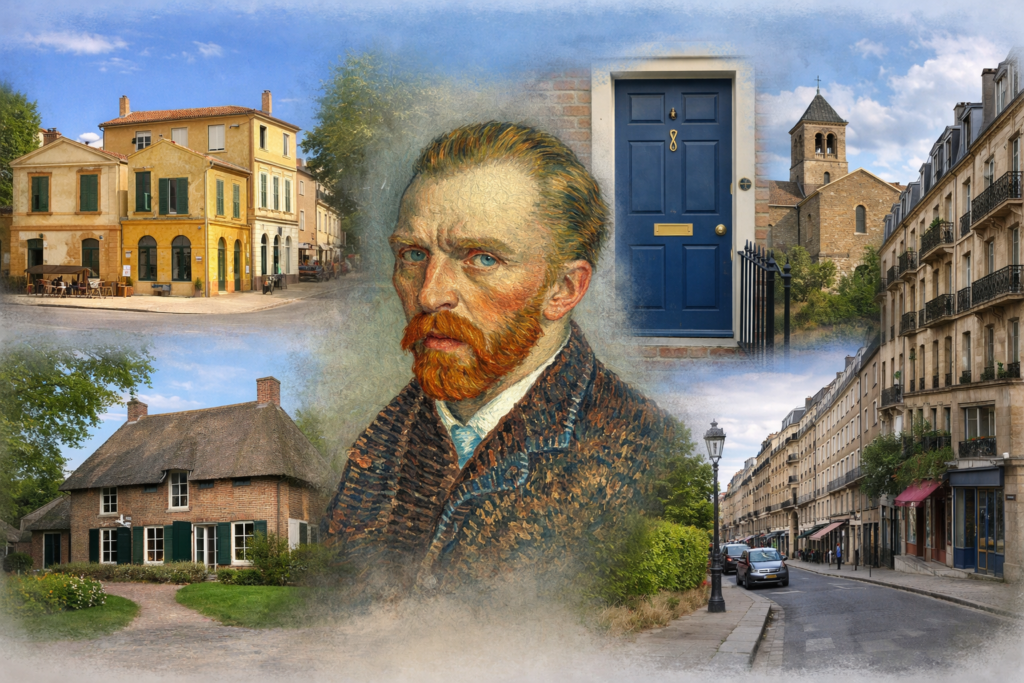 Collage documentario con autoritratto di Vincent van Gogh al centro e luoghi reali di Arles, Zundert, Londra e Auvers