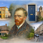 Collage documentario con autoritratto di Vincent van Gogh al centro e luoghi reali di Arles, Zundert, Londra e Auvers
