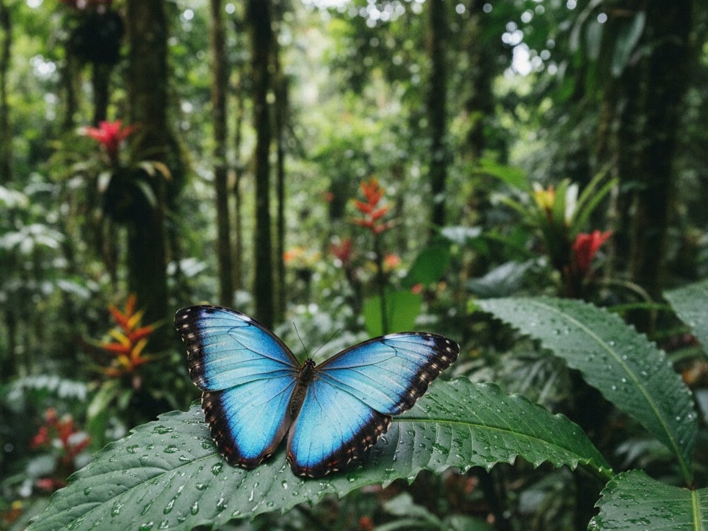 Una splendida Mariposa Azul del Costa Rica appoggiata su una foglia verde in una lussureggiante foresta tropicale.