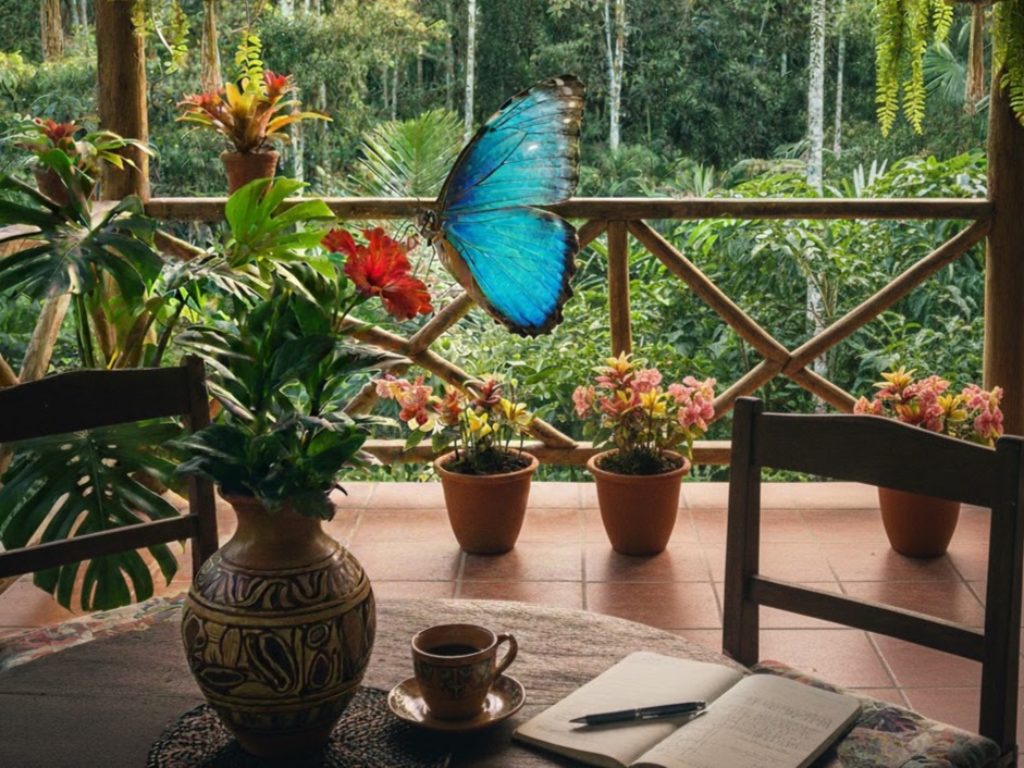 Mariposa Azul del Costa Rica su un balcone tropicale con caffè, taccuino e fiori, vista sulla foresta pluviale.