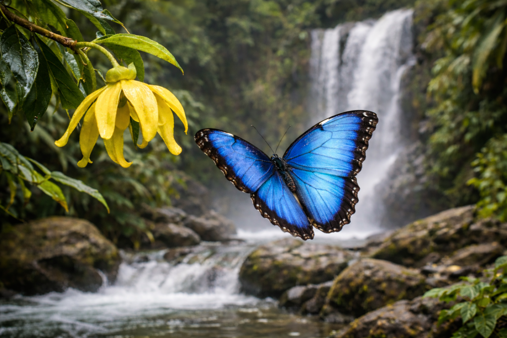 La "Mariposa Azul" del Costa Rica vola davanti a una cascata tropicale, accanto a un fiore giallo di ylang ylang