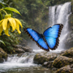 La "Mariposa Azul" del Costa Rica vola davanti a una cascata tropicale, accanto a un fiore giallo di ylang ylang