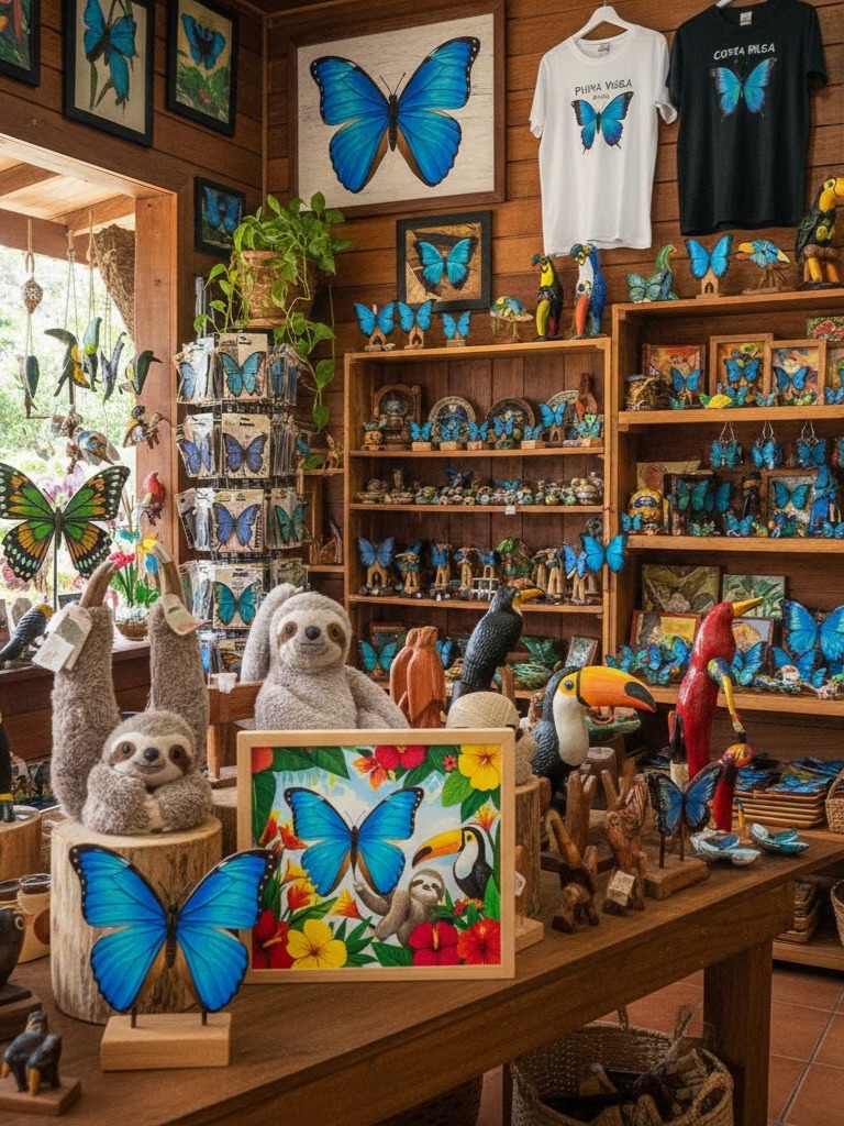 Negozio di souvenir con quadretto della Mariposa Azul del Costa Rica, bradipo e tucano tra fiori e artigianato locale.