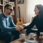 Donna sorride a un uomo con occhiali scuri. Si tengono per mano in un interno: il sorriso oltre l'oscurità e l'amicizia.