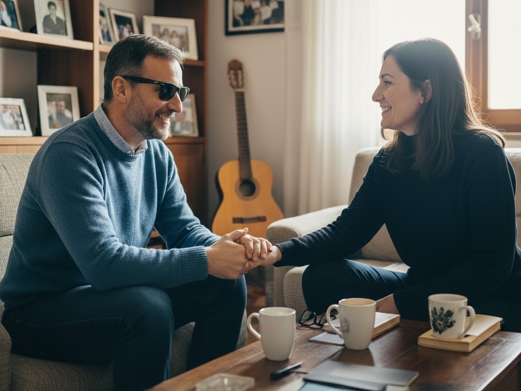 Donna sorride a un uomo con occhiali scuri. Si tengono per mano in un interno: il sorriso oltre l'oscurità e l'amicizia.