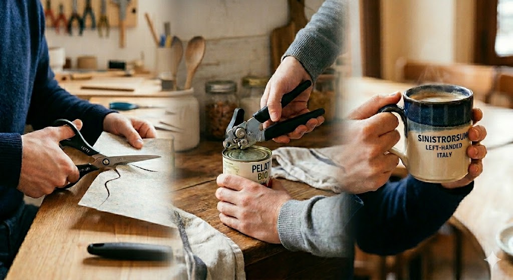 Collage di oggetti per la rivincita della mano sinistra: forbici, apriscatole e tazza finalmente impugnati dai mancini