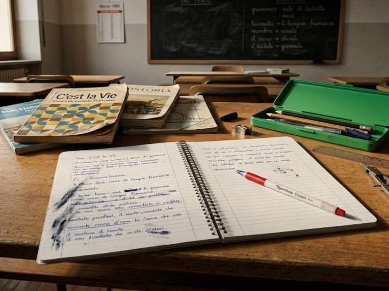 Rivincita della mano sinistra: banco scolastico anni '80 con quaderno pieno di macchie d'inchiostro, simbolo di fatica e frustrazion