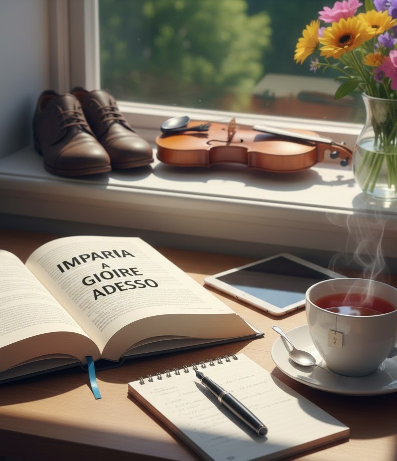 Libro aperto con scritta impara a gioire adesso, tè caldo, violino e scarpe al sole su scrivania vicino alla finestra