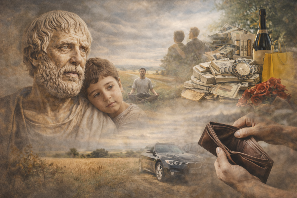 Seneca con Lucilio e simboli di accumulo, Impara a gioire adesso, trasformando desiderio e caos in serenità