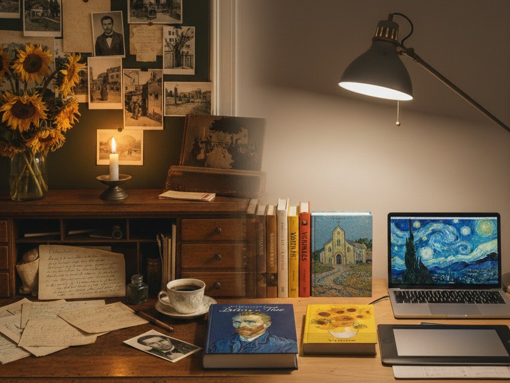 Scrivanie di Vincent, storica con documenti e moderna con laptop e libri d'arte, Vincent un viaggio tra anima e colori