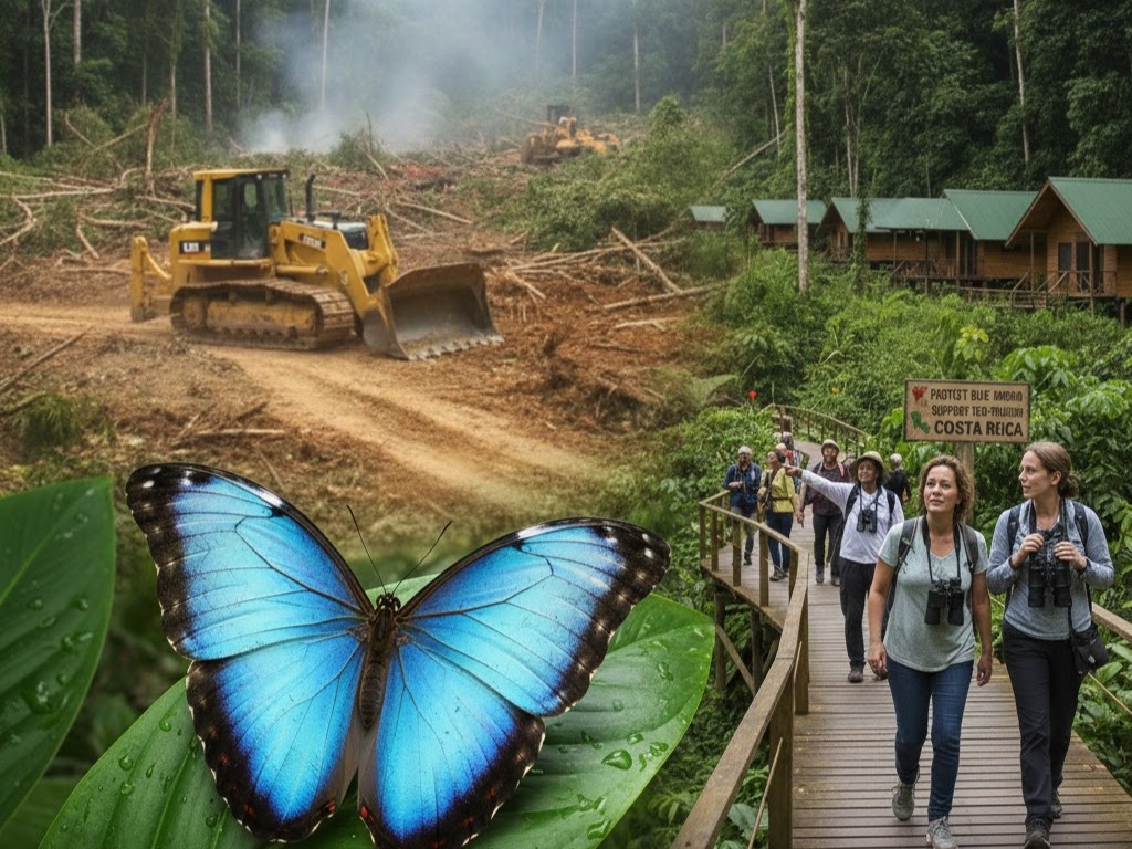 Mariposa azul del Costa Rica su una foglia tra foresta pluviale distrutta e turisti in un percorso di ecoturismo.