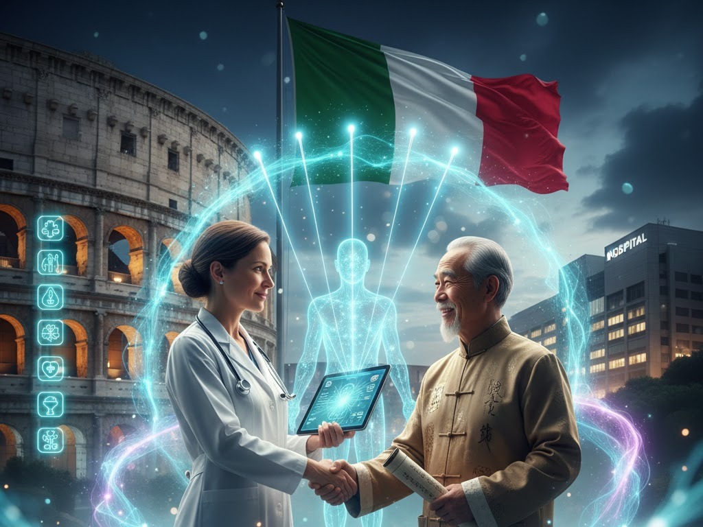 Gemini said Agopuntura italiana: una dottoressa e un maestro si stringono la mano davanti al Colosseo, unendo tradizione e medicina.