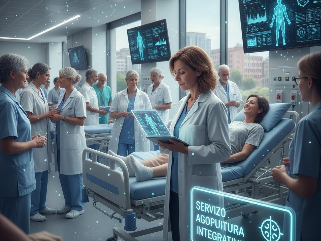 Agopuntura italiana: medici in ospedale moderno utilizzano tecnologie olografiche e aghi per la cura olistica del paziente