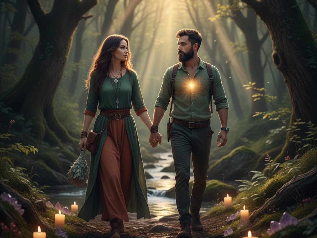 Anima autentica della strega: una donna bionda e un uomo camminano mano nella mano in un bosco incantato tra candele e cristalli.