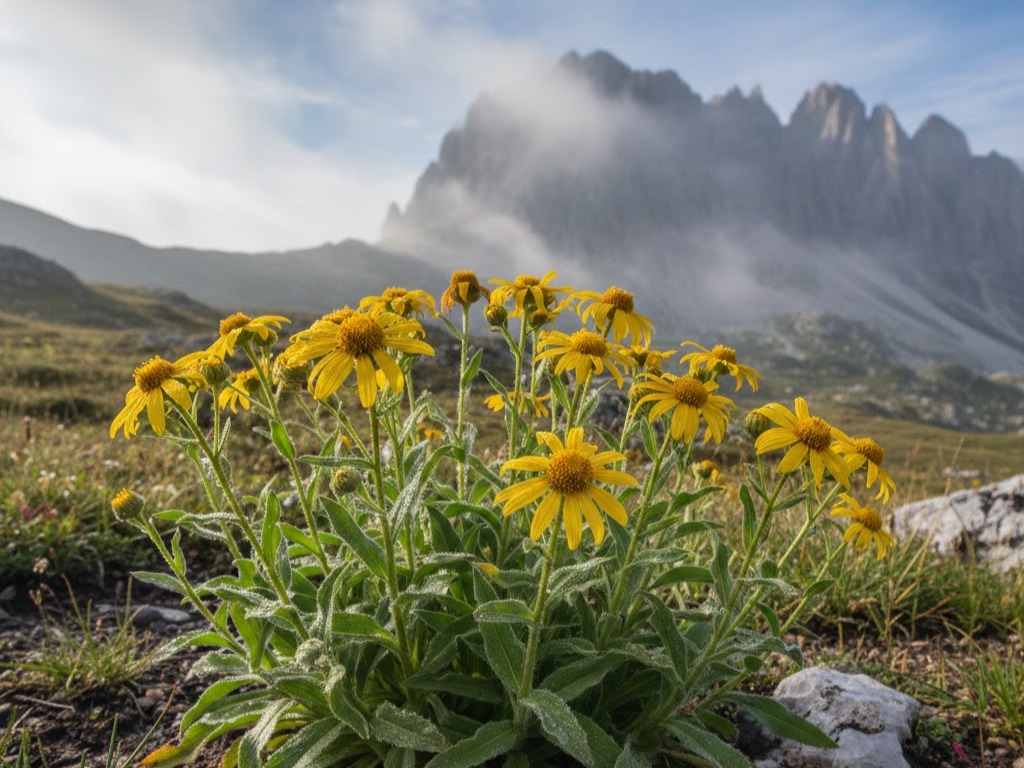 Arnica montana nel Giardino del Benessere: pianta officinale con fiori gialli in primo piano su sfondo di montagne alpine.