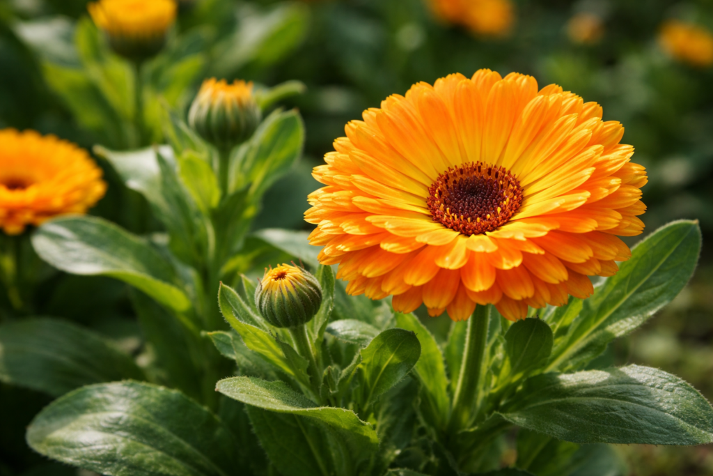 Calendula in fiore nel giardino del benessere, pianta officinale arancione con foglie verdi in primo piano