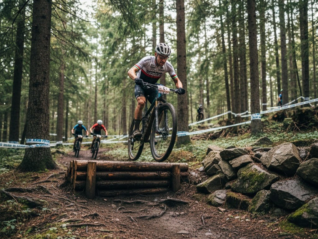 Gara di Cross-Country nel bosco: un ciclista salta dei tronchi. Non solo Giro d'Italia, ma il grande spettacolo della MTB.