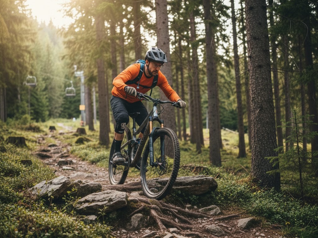 Ciclista enduro supera un alto ostacolo di roccia in salita nel bosco: non solo Giro d'Italia ma tecnica pura in mountain bike.