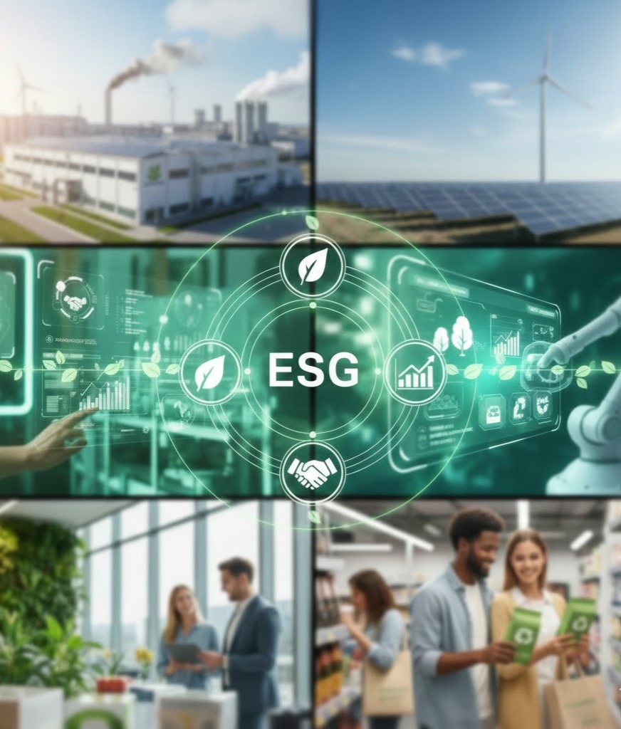Strategie ESG per l'Ambiente la sua Giornata Mondiale: collage su energie rinnovabili, industria green e consumo sostenibile.