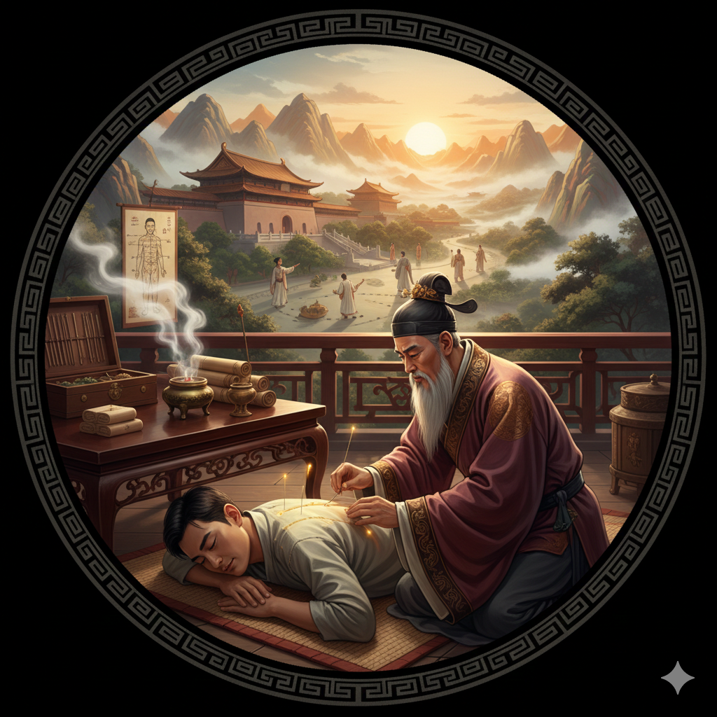 Storia dell’agopuntura. Rappresenta un agopuntore che esercita l'agopuntura su una persona.