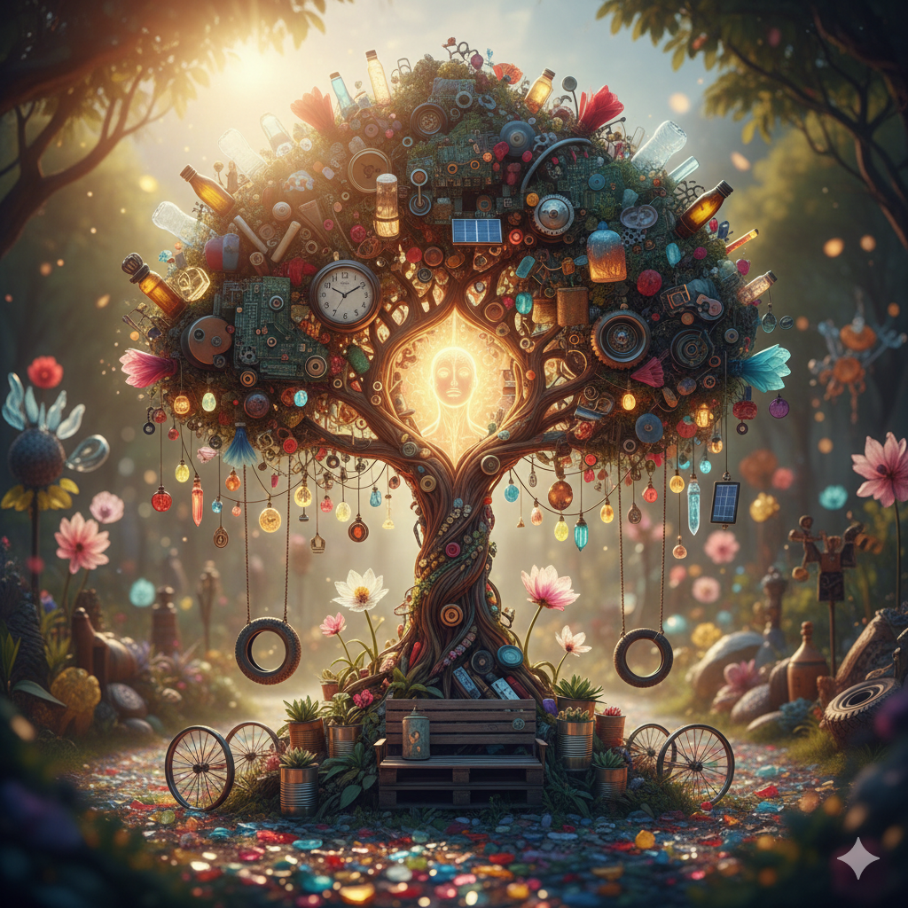 Riciclo creativo con anima. Rappresenta. Il riciclo di tutto il materiale possibile.