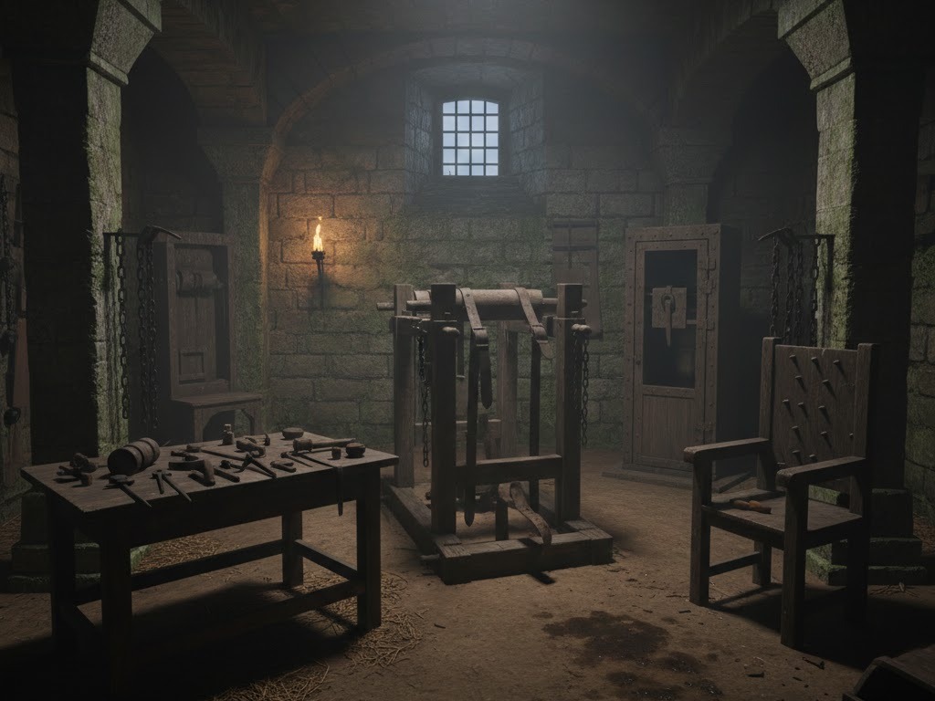 Anima autentica della strega: cella medievale dell'Inquisizione con sedia chiodata, cavalletto e strumenti di tortura.