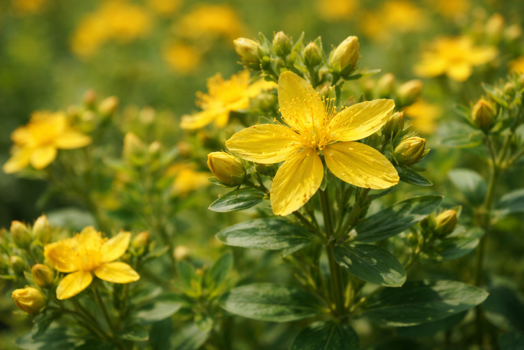 Iperico in fiore nel giardino del benessere, pianta medicinale gialla con foglie verdi e stami prominenti in primo piano.