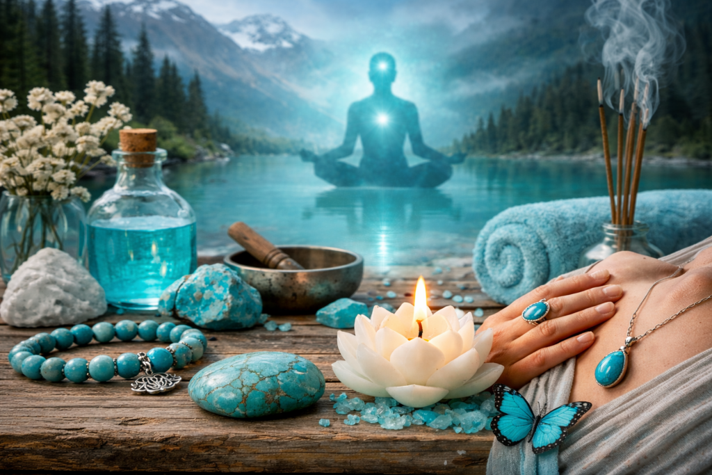 Significato dei colori V: scena turchese di meditazione e benessere, equilibrio tra emozioni e corpo in armonia naturale