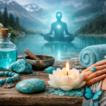 Significato dei colori V: scena turchese di meditazione e benessere, equilibrio tra emozioni e corpo in armonia naturale