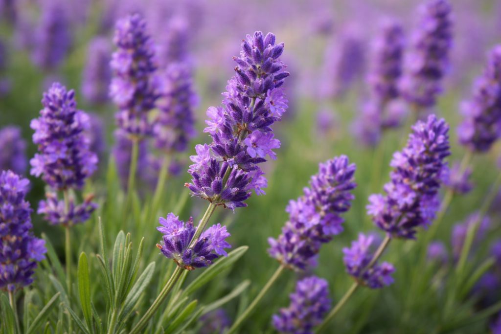 Lavanda angustifoglia fiorita nel giardino del benessere, fiore viola in primo piano con foglie verdi e stelo sottile.