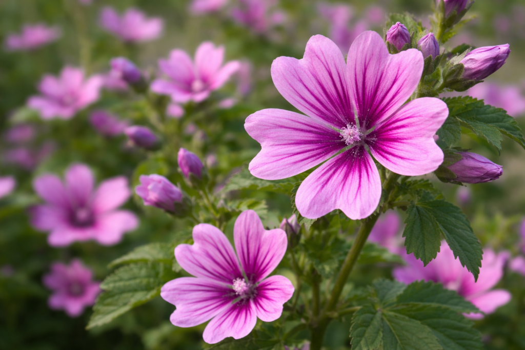 Malva silvestris fiorita nel giardino del benessere, fiore viola con venature scure e foglie verdi in primo piano.