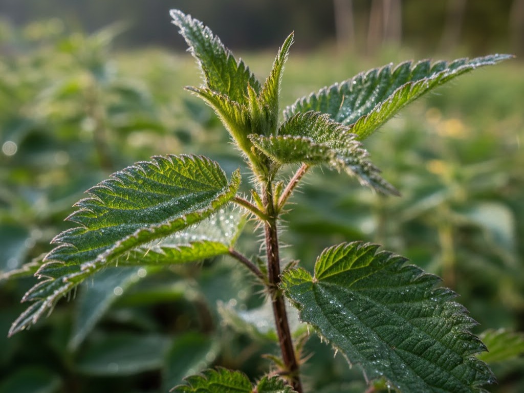 Ortica in un prato verde, parte di un giardino del benessere, con foglie seghettate e peli urticanti