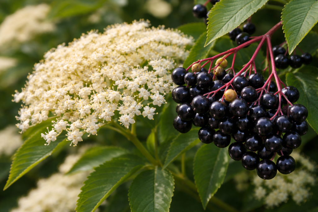 Sambuco nigra con fiori bianchi e bacche nere nel giardino del benessere, foglie verdi e grappoli in primo piano.
