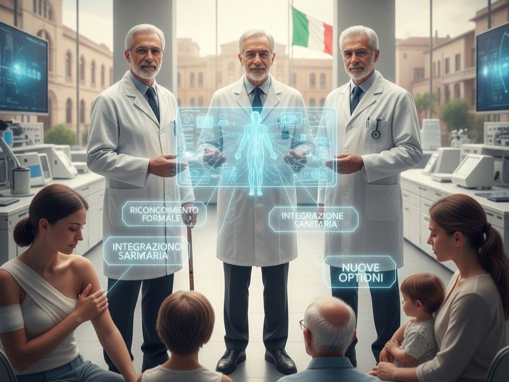 Agopuntura italiana: medici in camice bianco presentano l'integrazione sanitaria e il riconoscimento formale della disciplina.