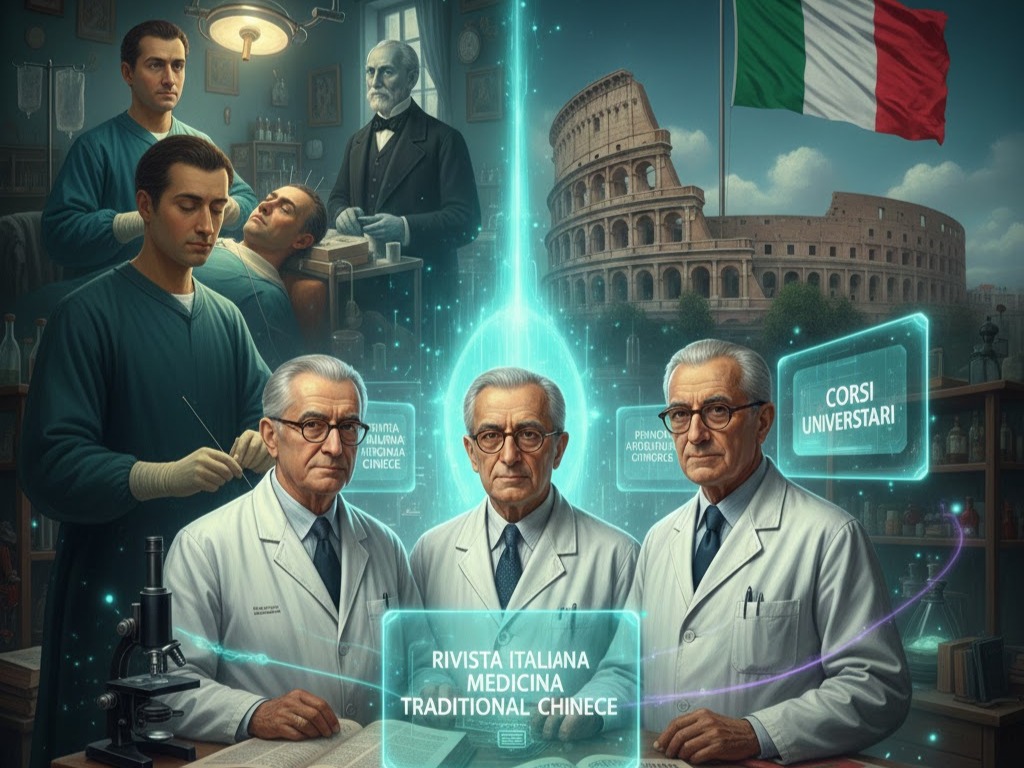Agopuntura italiana: collage storico con medici in camice, testi scientifici e intervento chirurgico d'epoca."