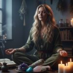 Anima autentica della strega: donna bionda medita tra candele, cristalli e incenso sotto la luce lunare di una finestra.