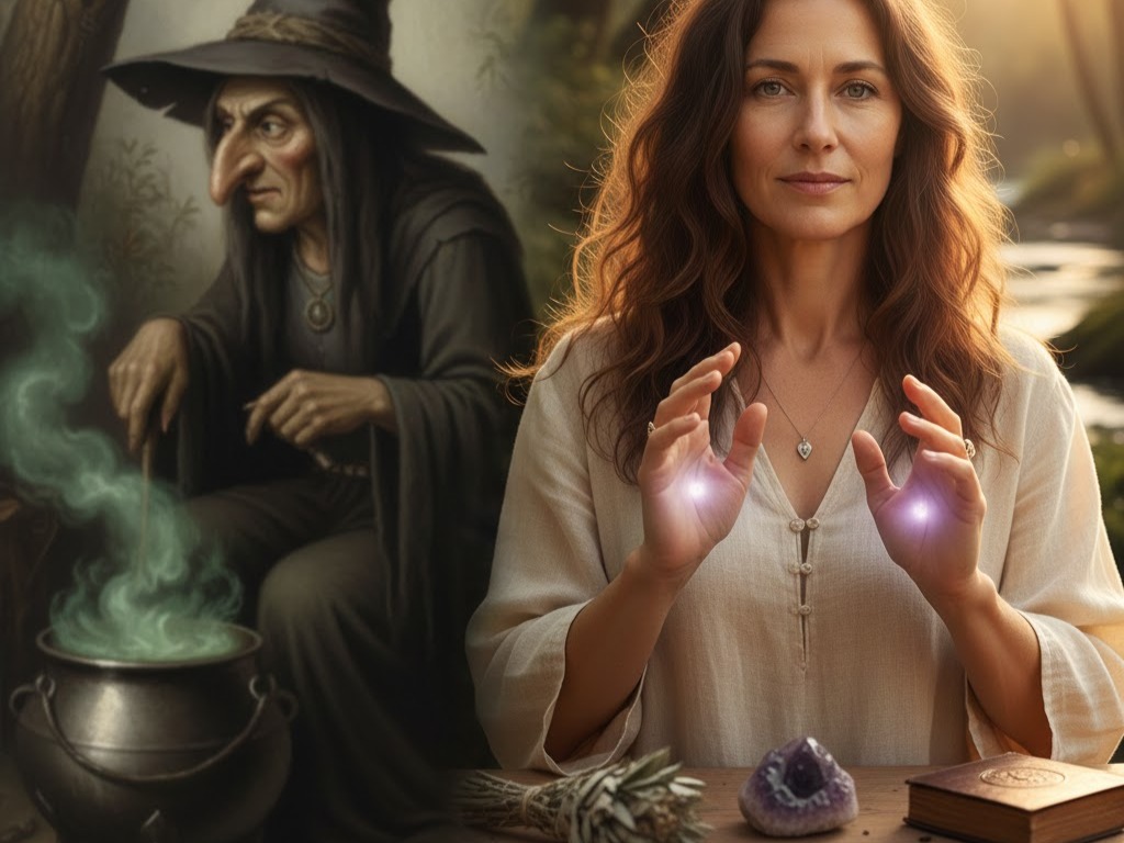 Anima autentica della strega: confronto tra l'iconografia classica del calderone e una donna moderna che pratica Reiki con cristalli.