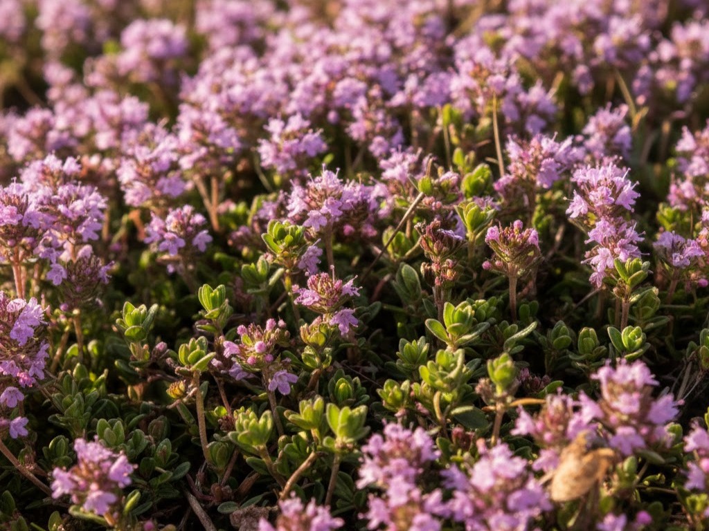 Timo selvatico nel Giardino del Benessere: dettagli fiori lilla in primo piano e foglioline piccole verdi.