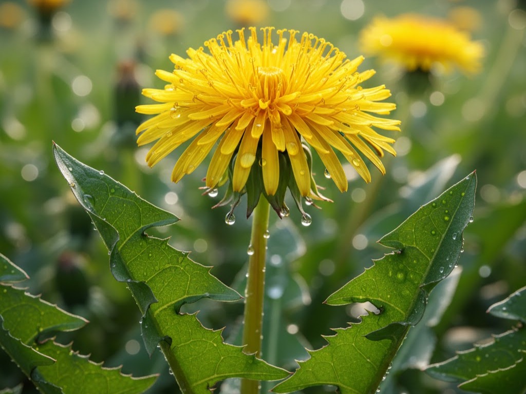 Fiore giallo di tarassaco con rugiada nel giardino del benessere, foglie verdi dettagliate e ambiente naturale calmo