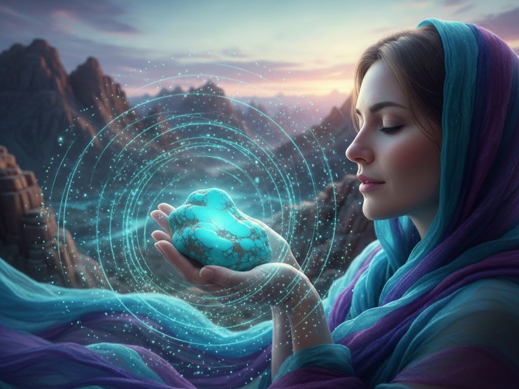 Donna con veli turchese e viola: il turchese dona protezione e serenità, il viola evoca la verità e la profondità dell'anima.