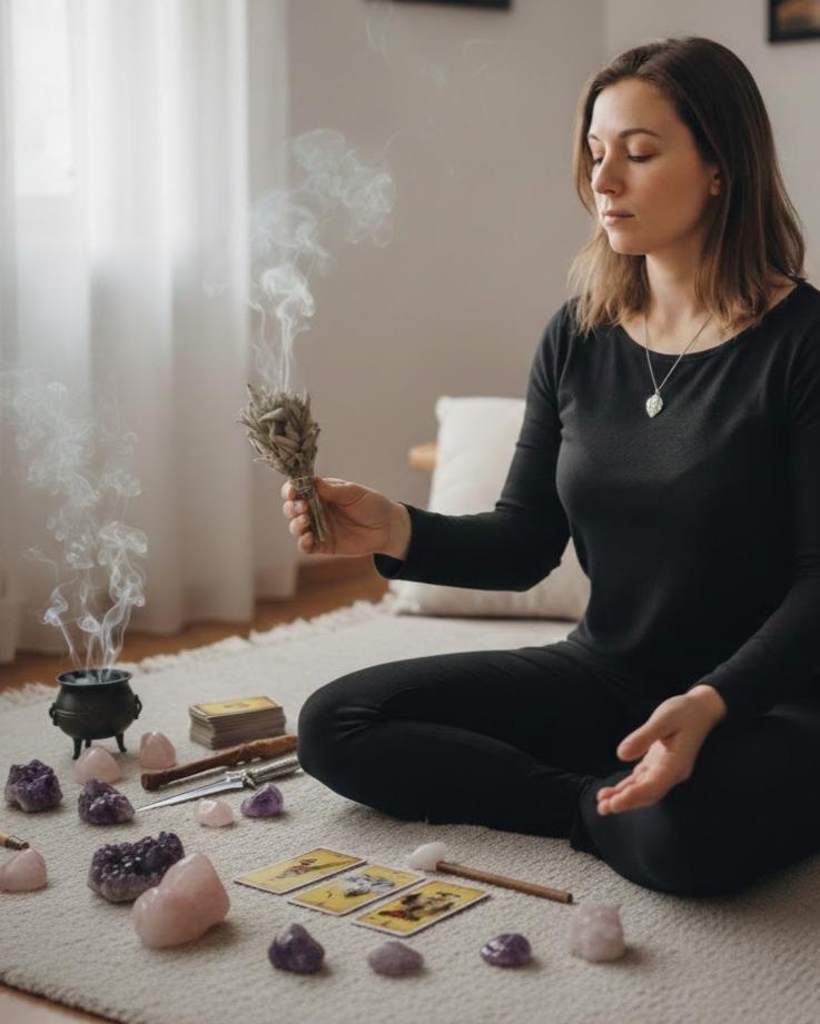 Anima autentica della strega: praticante Wicca moderna purifica l'ambiente con salvia bianca, cristalli di ametista e tarocchi.