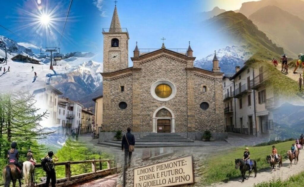 Un gioiello alpino: collage di Limone Piemonte che mostra la chiesa in pietra, piste da sci innevate, escursionisti a cavallo, ciclisti in montagna e borghi storici. Un cartello cita: "Limone Piemonte: storia e futuro, un gioiello alpino".