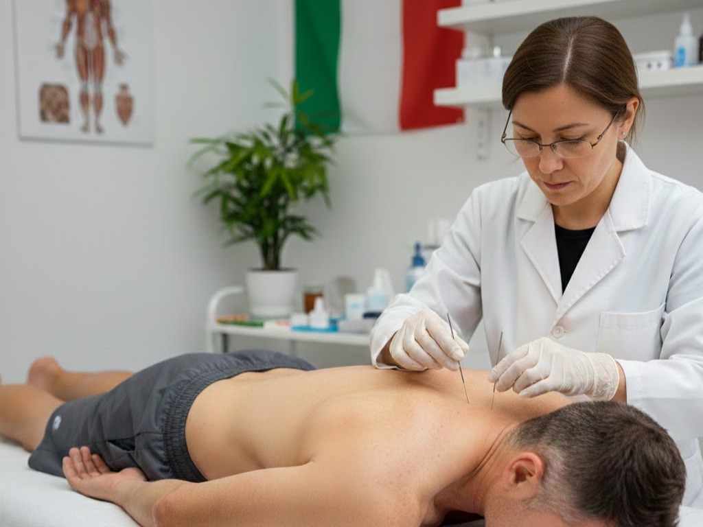 Agopuntura italiana: dottoressa in camice esegue trattamento su paziente in studio medico professionale con bandiera italiana.